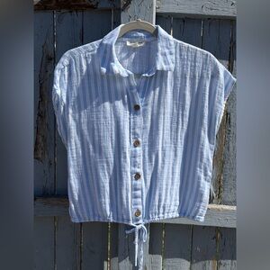 beachlunchlounge Women’s Light Blue Striped Button-Up Cotton Tie-Hem Top Size XS